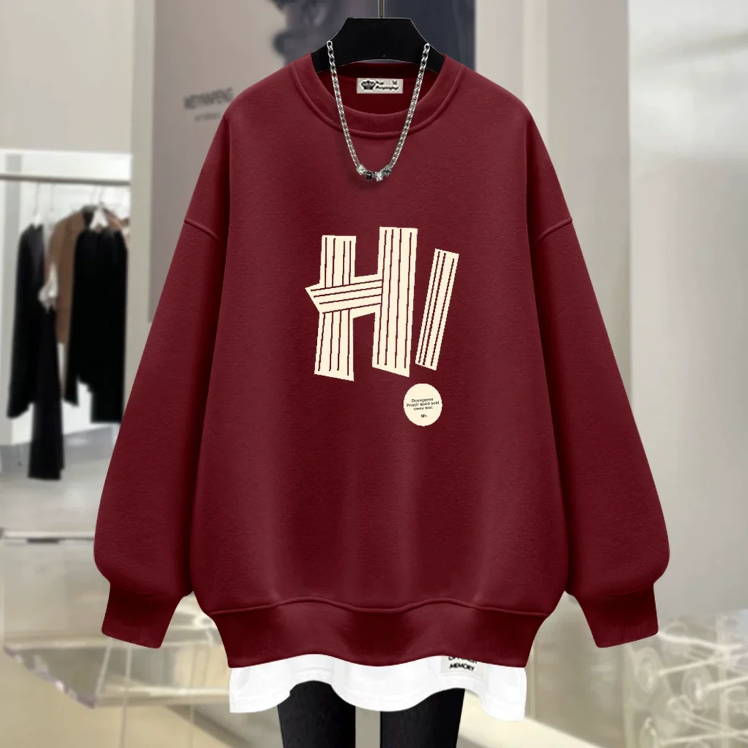 安哥拉红时尚Hi字母圆领卫衣女加绒加厚2025新款春秋冬宽松中长款