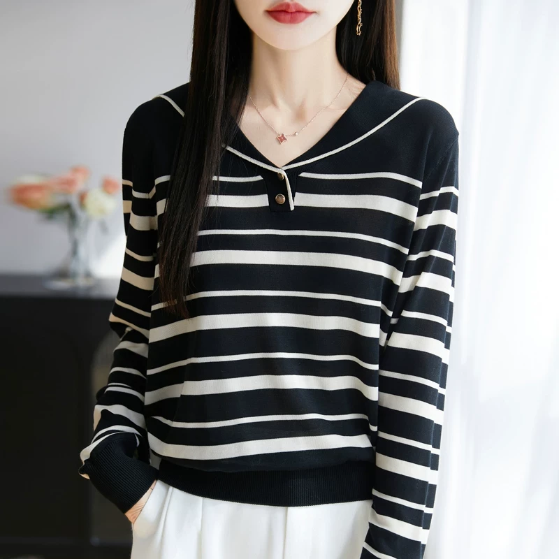 条纹女2025年春秋新款宽松显瘦长袖恤洋气针织衫打底小衫独特漂亮