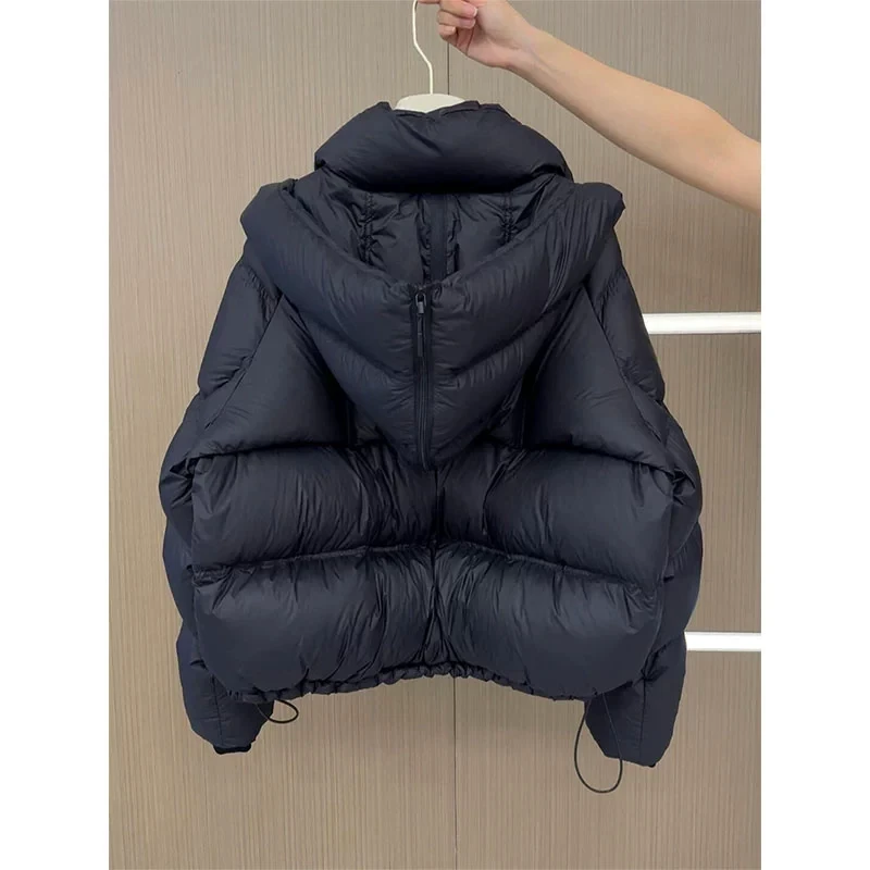 连帽时尚黑色小众棉服女2025冬季新款拉链设计感独特别致棉衣外套