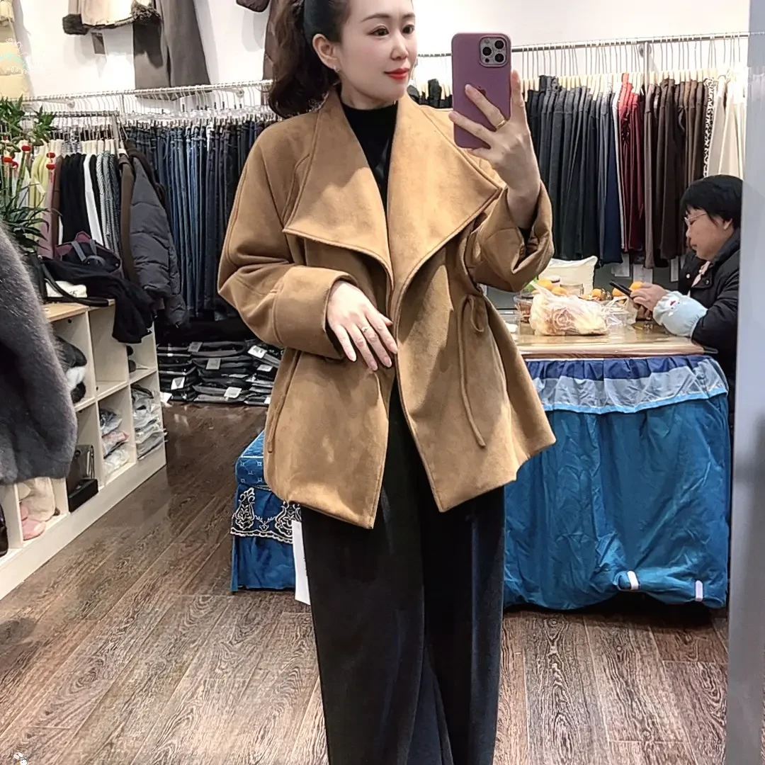 #8286复古绑带收腰翻领长袖宽松气质休闲开衫鹿皮绒夹棉外套
