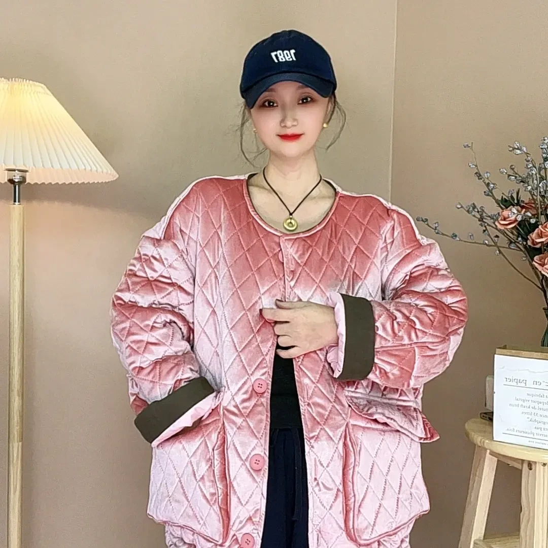 冬季新款流光丝绒圆领宽松加厚保暖棉服外套慵懒时尚百搭显瘦