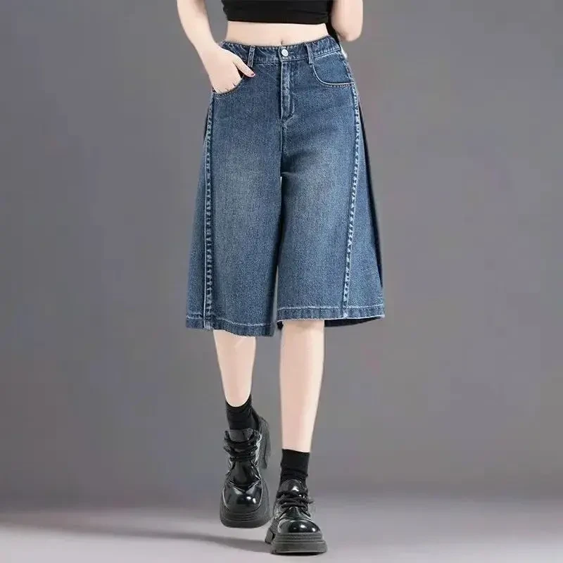 牛仔五分短裤女夏季薄款2025新款高腰显瘦小众女装直筒阔腿中裤