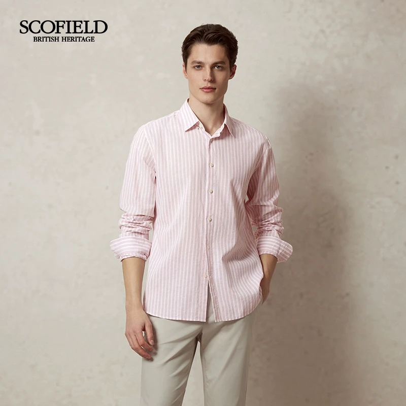 SCOFIELD男士25夏季新品透气亚麻时尚清新条纹休闲经典长袖衬衫
