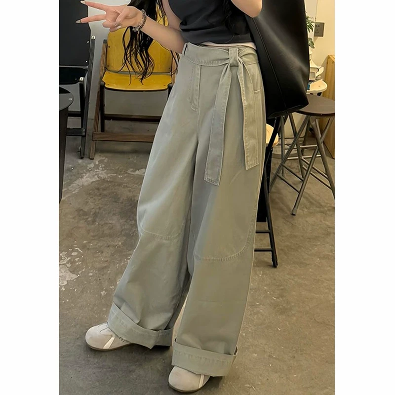 港风复古高腰系带阔腿牛仔裤女夏季2025新款百搭宽松休闲直筒长裤