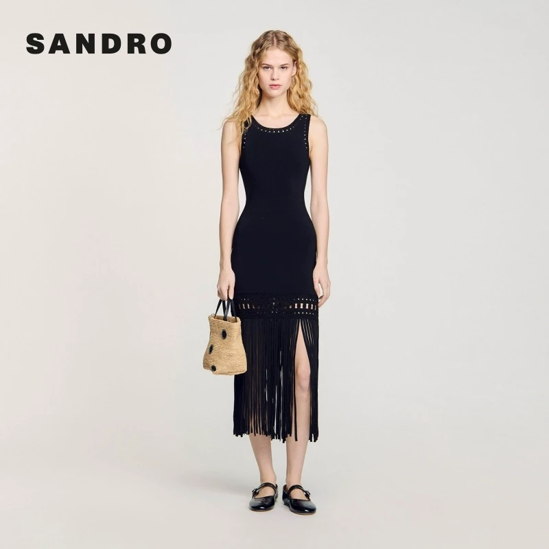 抖音双11|SANDRO2025秋季黑色编织流苏针织连衣长裙SFPRO04205