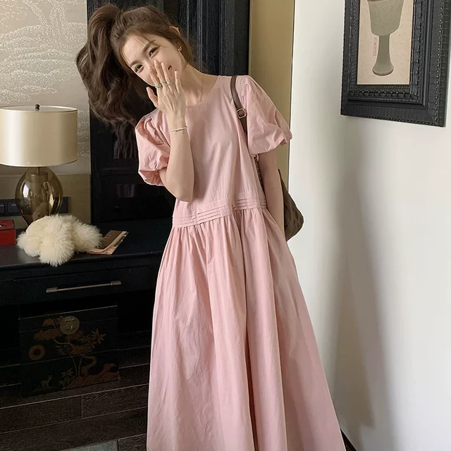 夏季法式复古甜美温柔风A字长裙泡泡袖初恋奶甜裙子粉色连衣裙女
