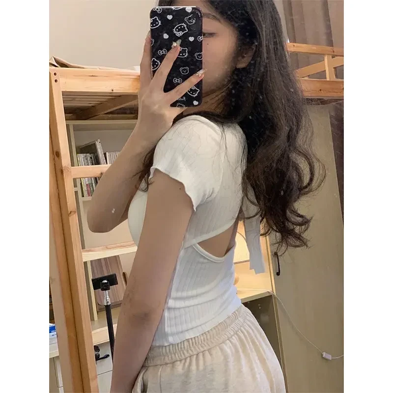 蝴蝶结绑带露背白色短袖t恤女夏季2025新款带胸垫甜辣妹短款上衣