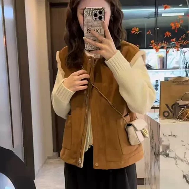 设计感复古鹿皮绒圆领双面穿毛毛马甲女秋冬新款时尚无袖坎肩上衣