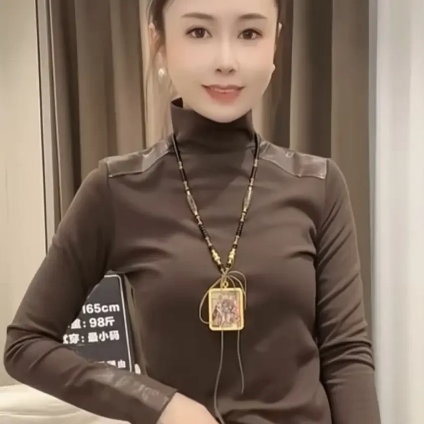 欧美风简约PU皮拼接磨毛长袖打底女2025高领洋气修身显瘦T恤上衣
