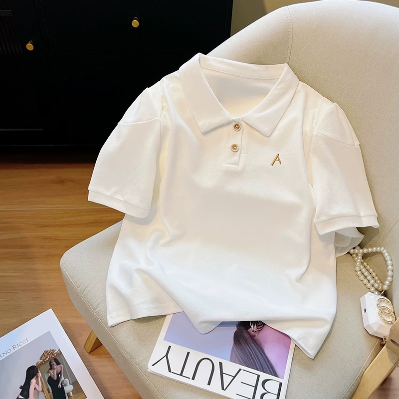 法式泡泡袖POLO衫女夏字母刺绣白色正肩短袖T恤宽松遮肚显瘦上衣