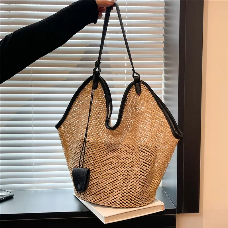 托特包大容量纯色编织磁扣单肩包草编包单肩小包包编织包腋包