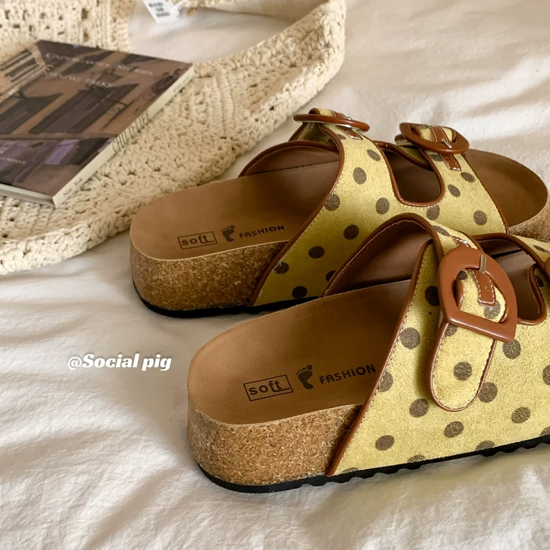 穿搭不重样~厚底勃肯鞋女款夏外穿仙女风复古彩色波点一脚蹬凉拖