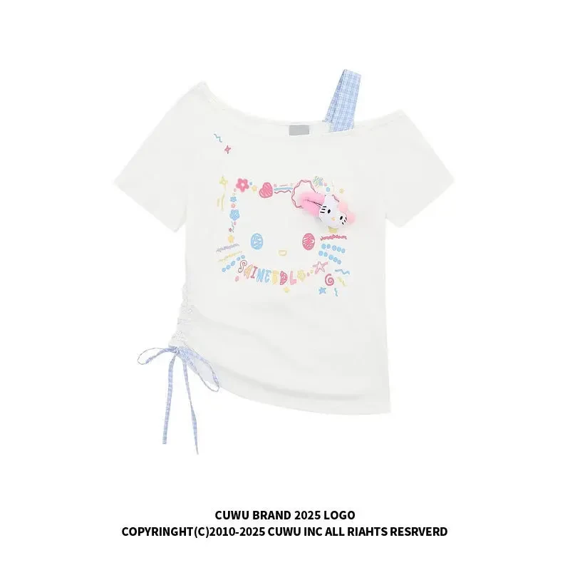 甜妹可爱卡通印花斜肩短袖T恤女夏季宽松显瘦独特漂亮减龄款上衣