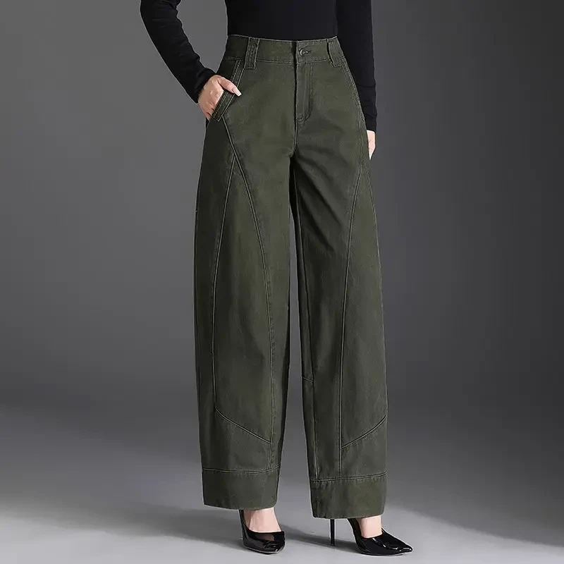 2025年春季新款高腰牛仔裤女宽松显瘦灯笼裤休闲裤简约大码哈伦裤