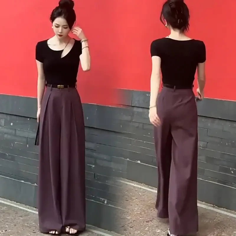 紫色套装女气质穿搭一整套夏季新款设计感短袖T恤阔腿裤两件套潮