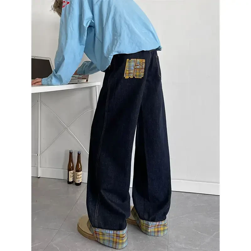 格子卷边刺绣阔腿牛仔裤男美式潮牌cleanfit高街痞帅休闲直筒长裤
