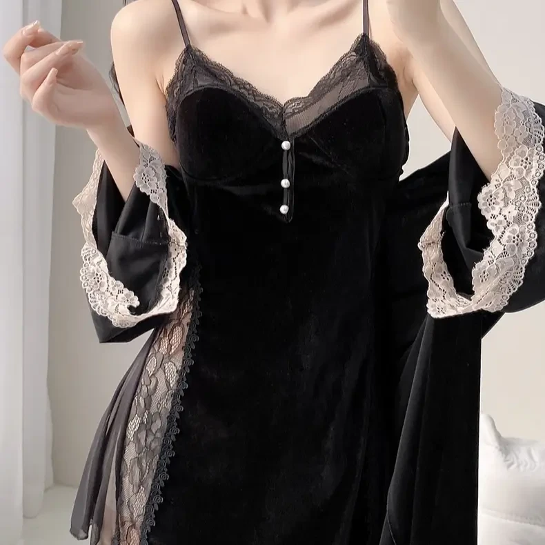 性感睡衣纯欲女款秋冬新款金丝绒情调纯欲吊带睡裙睡袍套装带胸垫