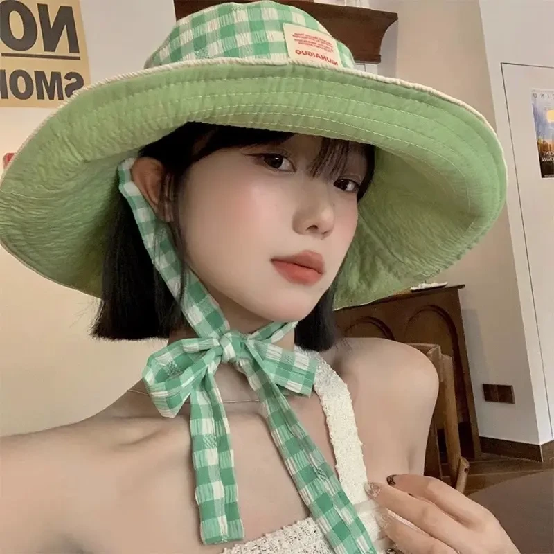 韩版格纹渔夫帽2025新款夏季户外度假防晒大帽檐显脸小遮阳盆帽gh