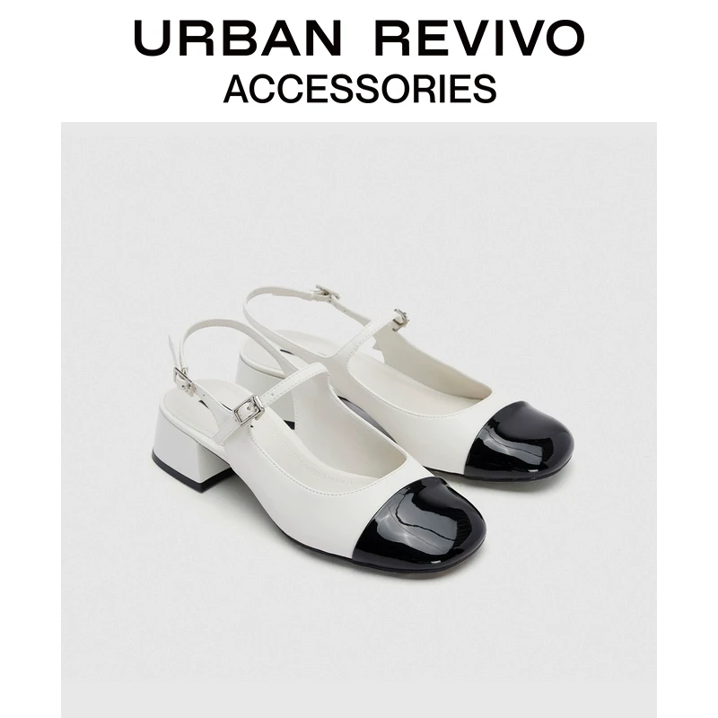 URBAN REVIVO夏季新款女士法式圆头粗跟玛丽珍空鞋UAWS40058