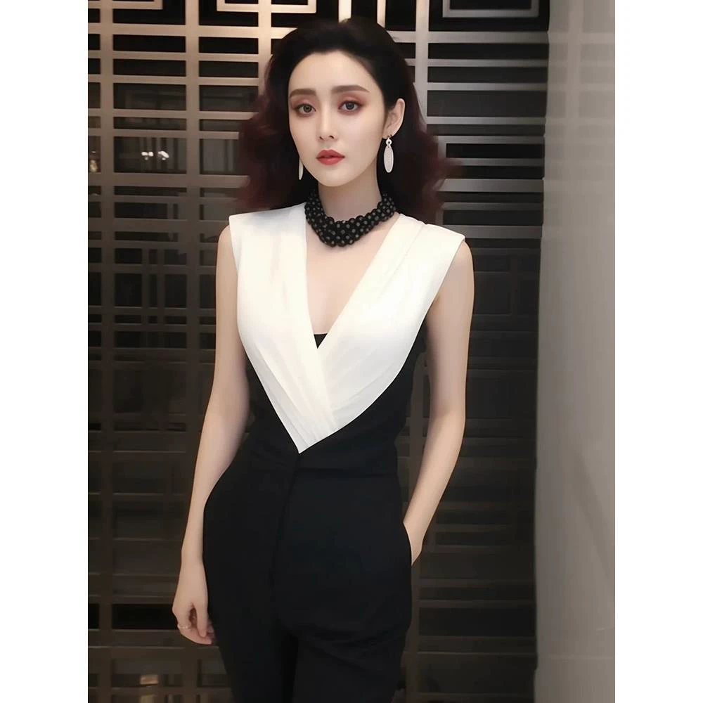 撞色领无袖连体阔腿裤女夏季个性拼接高腰显瘦收腰气质垂感长裤