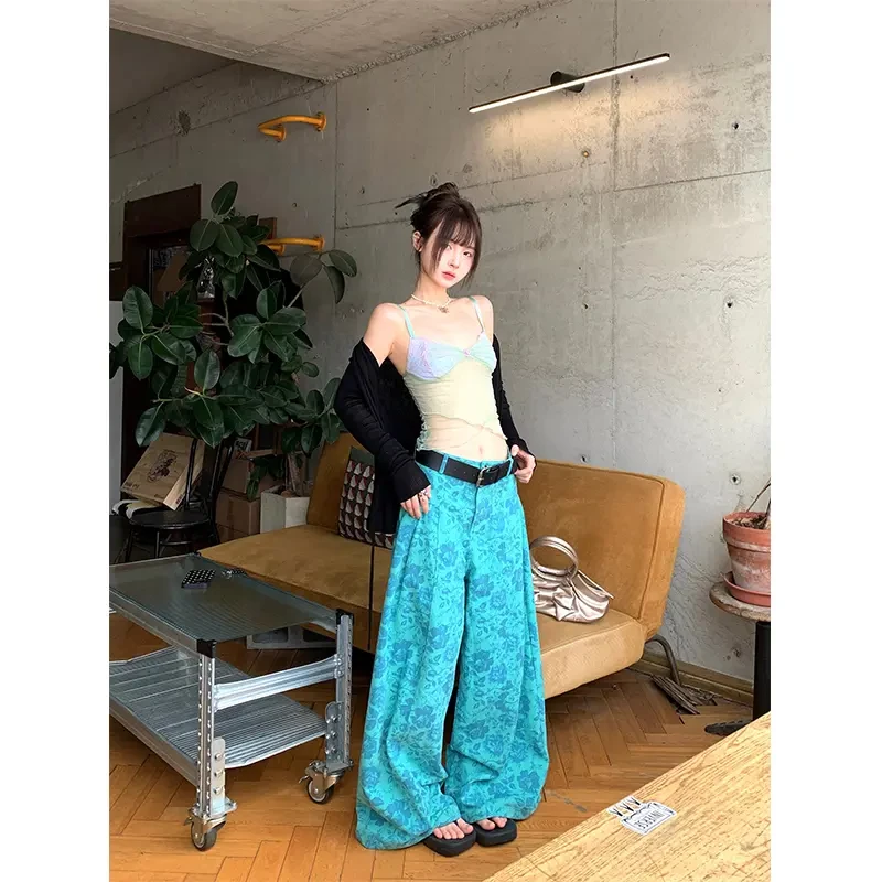 春游出行衣服女纯欲风网纱吊带短款上衣背心绿色印花直筒阔腿裤子