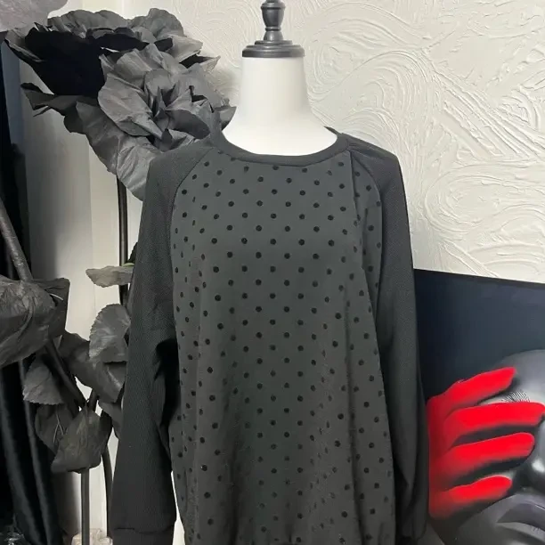 长袖复古港风圆领波点印花女T恤黑色运动套装打底衫