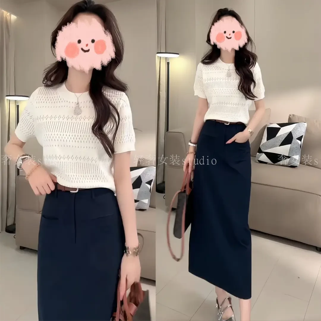 洋气休闲装2025夏季镂空针织短袖上衣修身百搭半身裙显瘦气质套装