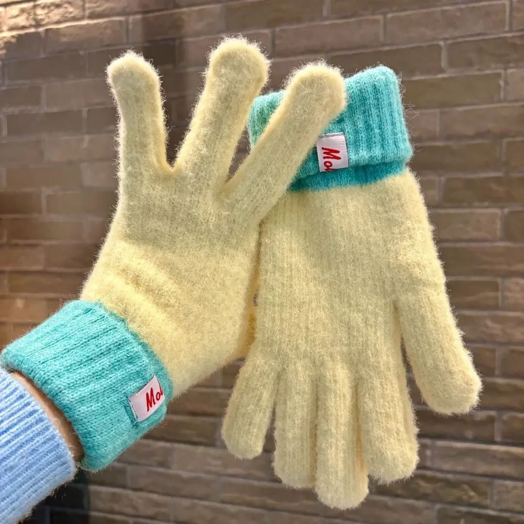 多巴胺彩色保暖手套女秋冬季新款针织冬天骑行五指防寒手套学生