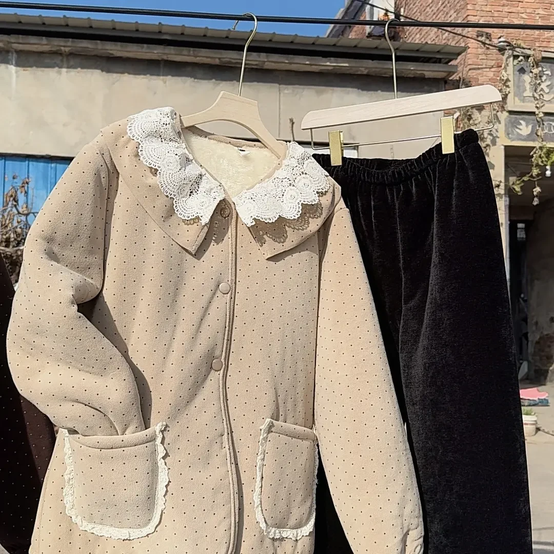 成人长袖长裤娃娃领花边领口加绒加厚冬季可外穿家居服