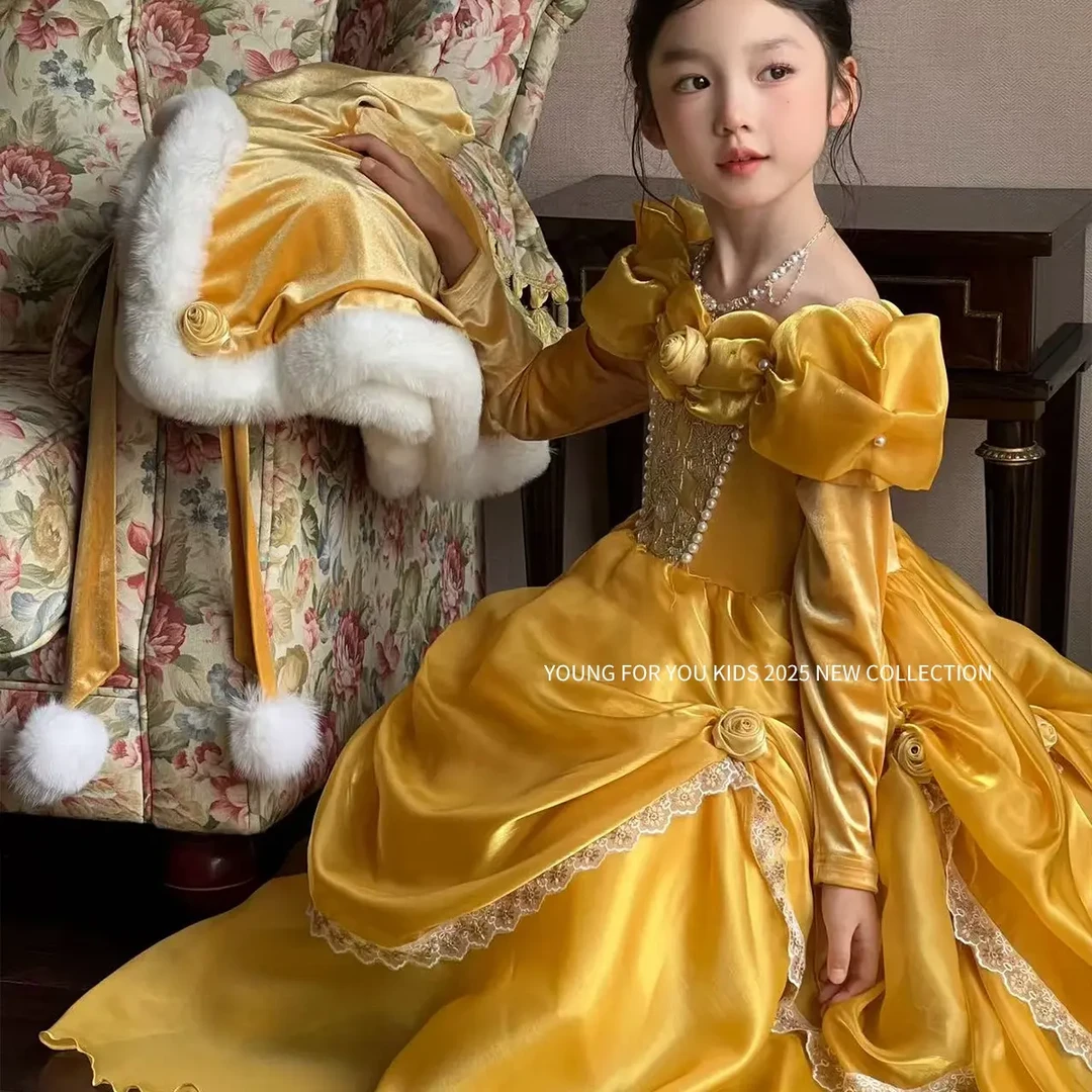 YFY女童秋冬复古宫廷风贝儿公主裙华丽刺绣生日礼服黄玫瑰连衣裙