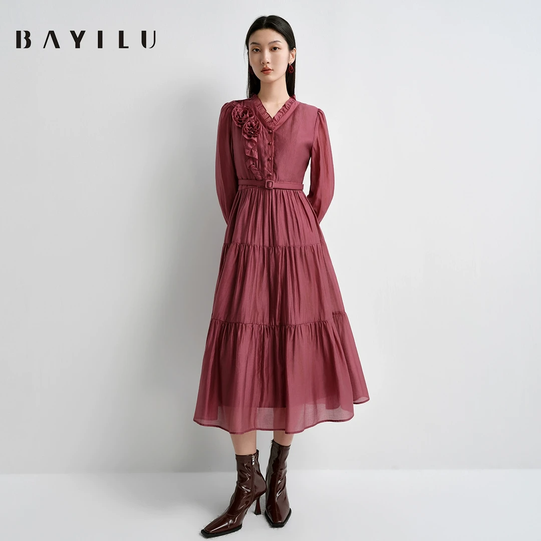 【女乔】芭依璐2025春季连衣裙女复古盘花收腰天丝长裙91L7032