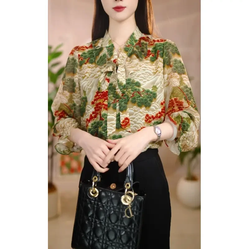 热卖大码2026夏季新款长青松柏优雅气质典雅宽松遮肉显瘦印花衬衫