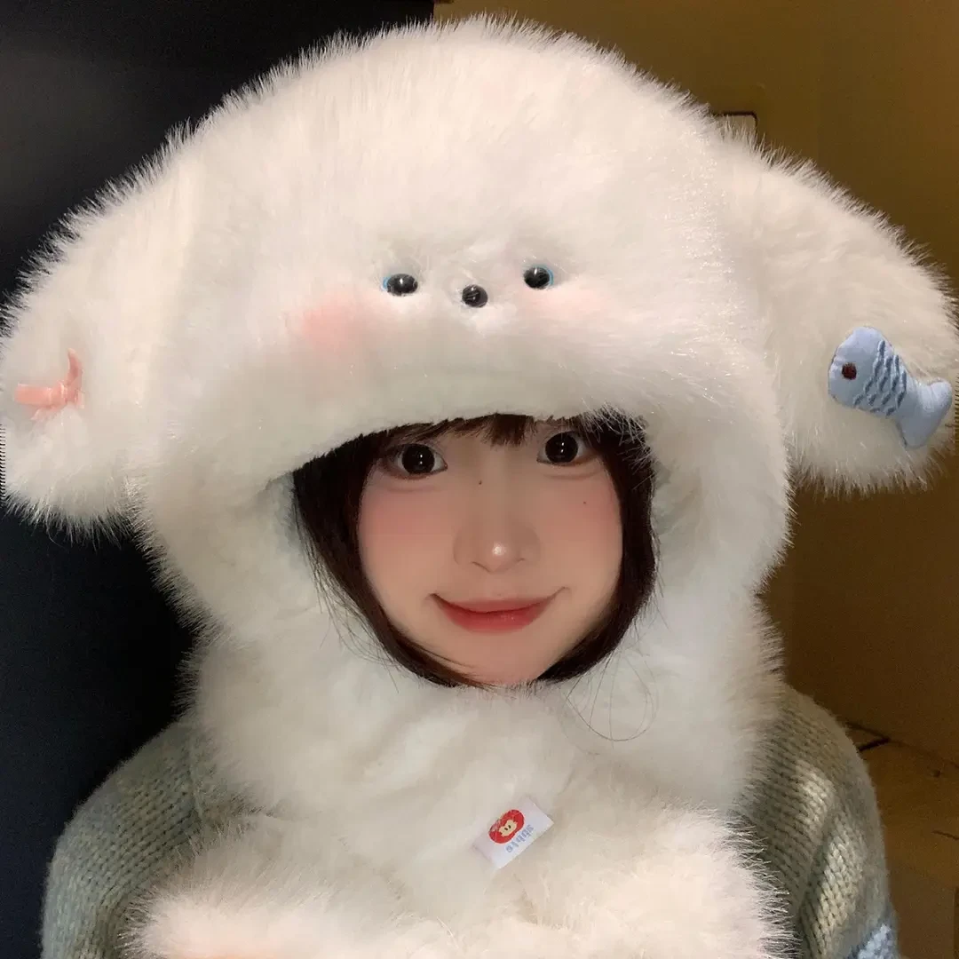 【蜡笔】可爱小狗耳朵毛绒帽子围巾女冬季保暖加绒加厚驾车个人用品