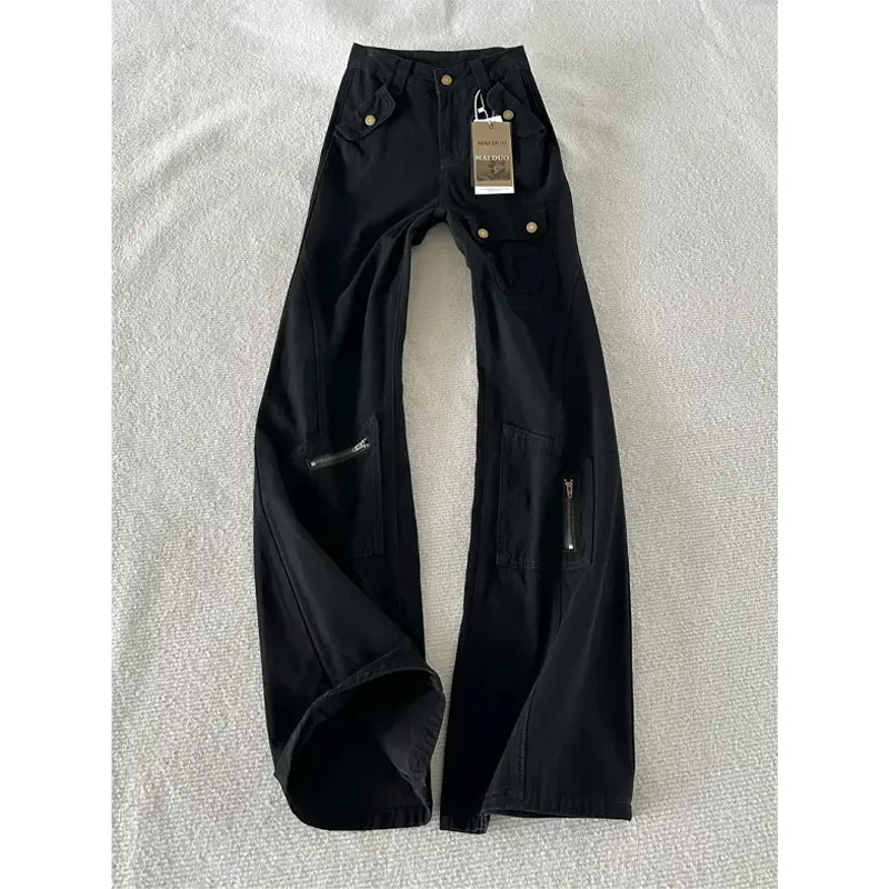 黑色多口袋微喇工装裤男夏季美式高街vibe裤子cleanfit显瘦弯刀裤