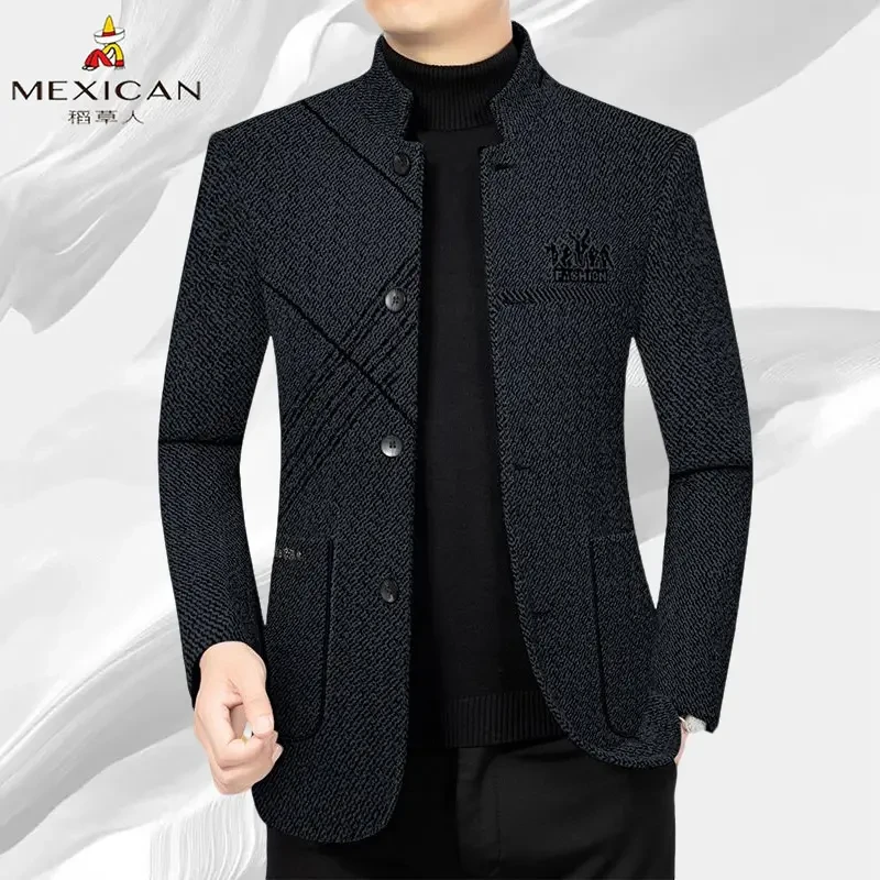 稻草人羊毛呢外套男士立领休闲西装夹克外套商务休闲西服中山装