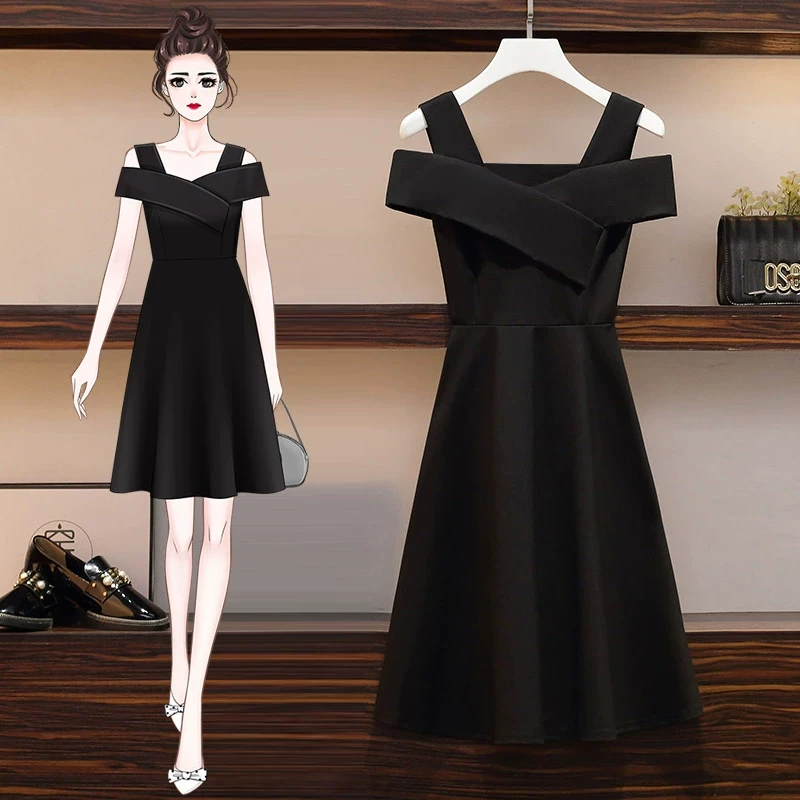 大码女装夏季胖妹妹显瘦减龄露肩收腰字裙气质法式一字肩连衣裙