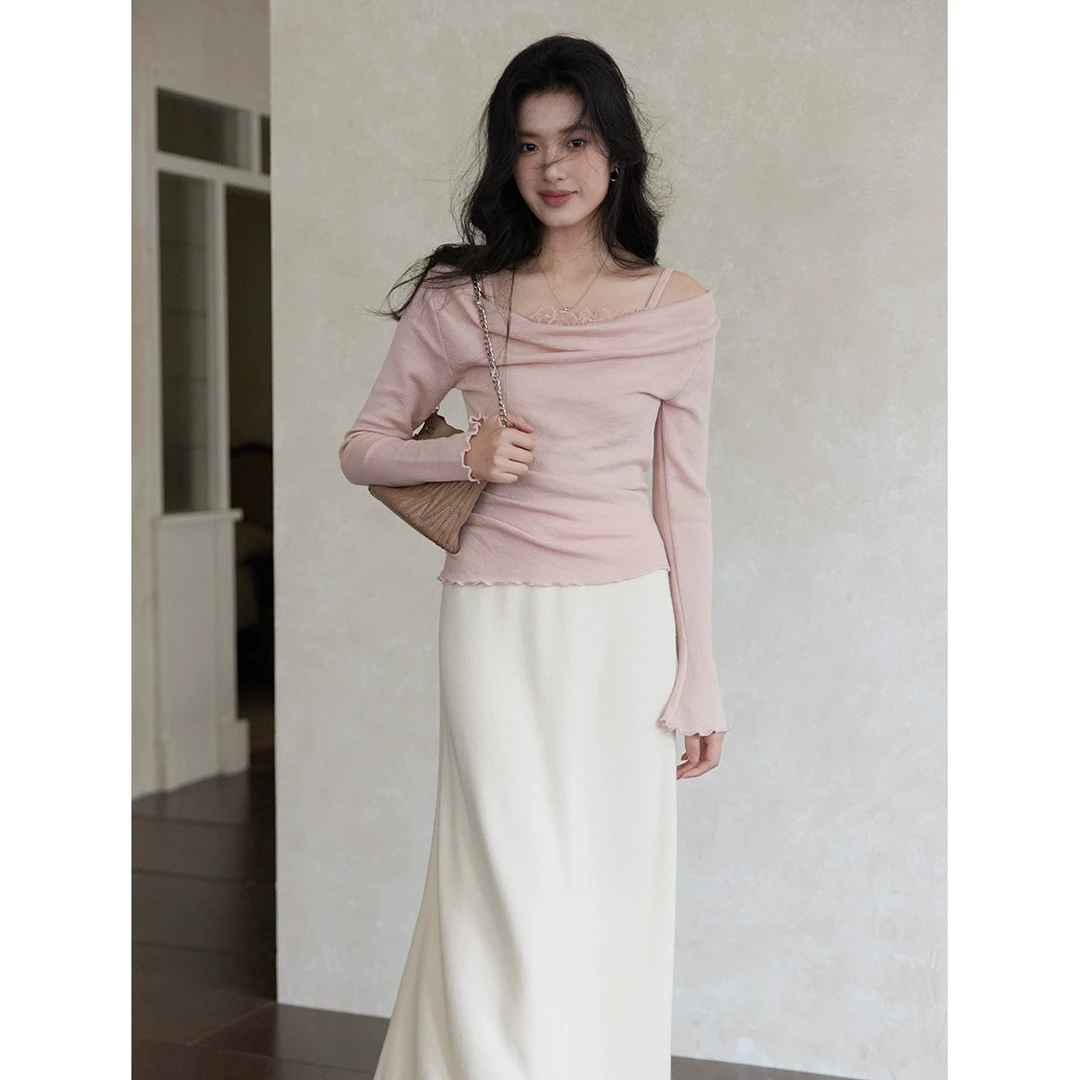 贰羊设计【云兮】假两件荡领露肩长袖上衣女修身针织衫