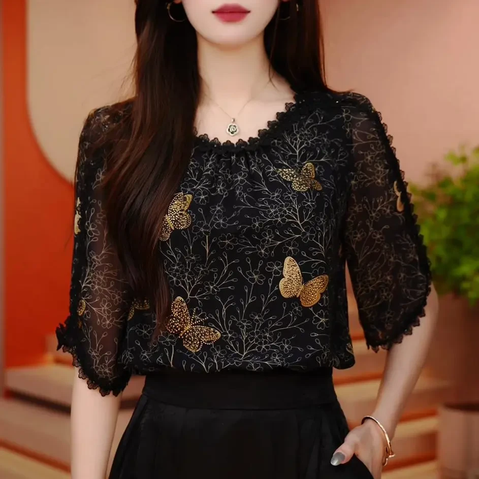 春夏新款琉璃双皱丝洋气时尚百搭气质印花女士中袖上衣