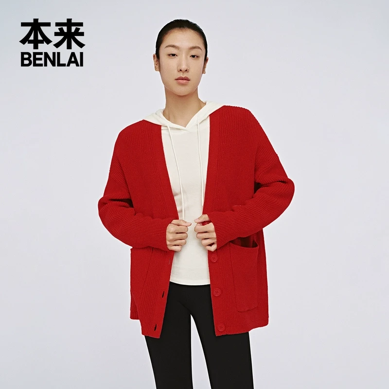 【本来 新年系列】女士新年长袖毛衫2025春季红色新款v领针织开衫