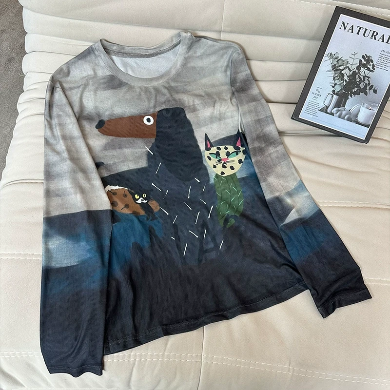 韩版设计感涂鸦冰丝长袖T恤女夏季2025新款小众薄款网纱防晒上衣