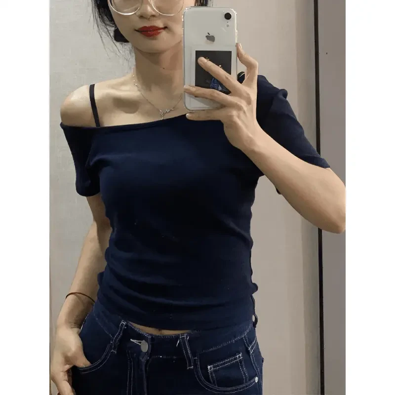 夏季新款斜肩短袖t恤女辣妹性感露肩修身显瘦小众百搭短款ins上衣