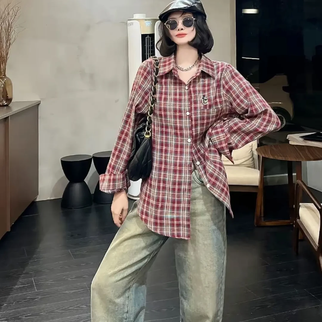【董咚咚】100-300斤美式阔版格纹慵懒风长袖衬衫300斤无压力