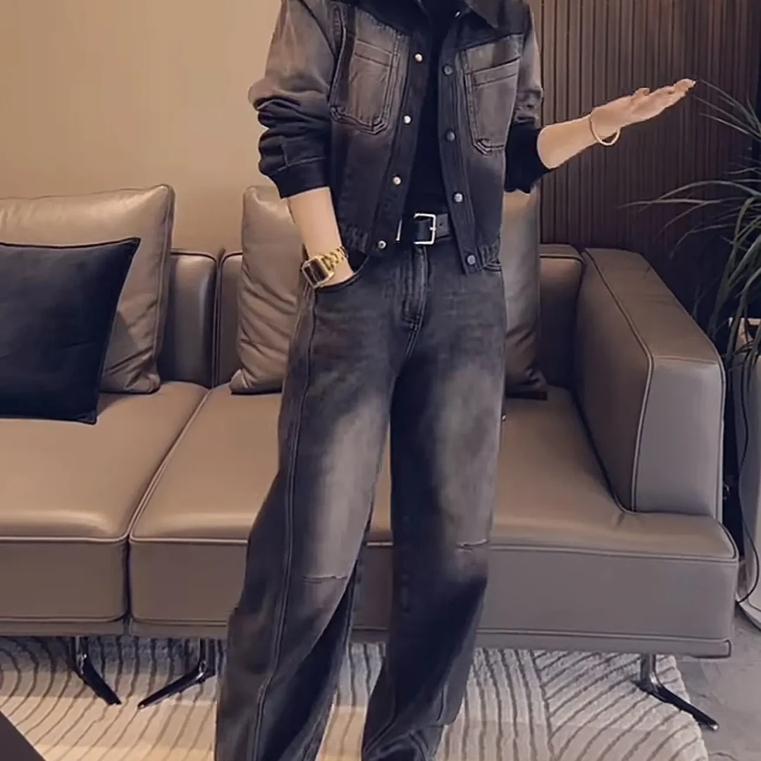 新款韩版黑色复古牛仔裤