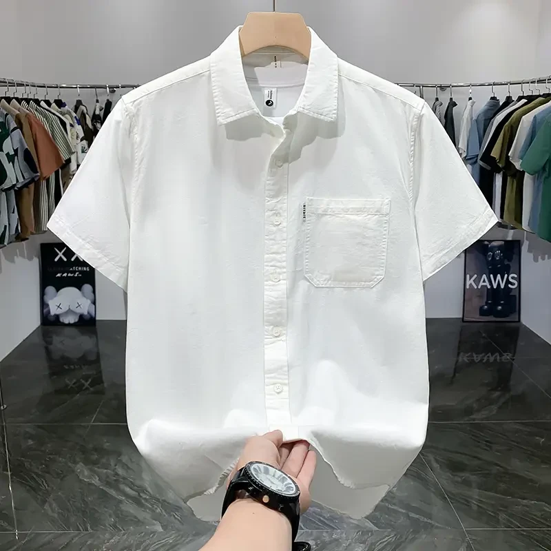 100%纯棉舒适夏季薄款短袖男士纯色斯文行政商务男装休闲百搭上衣