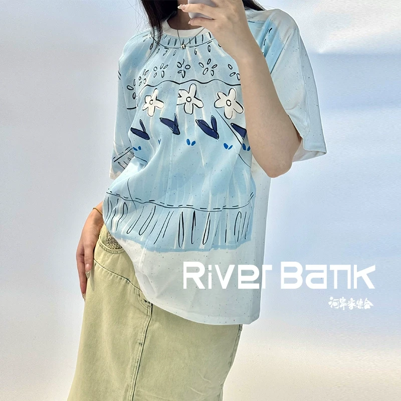 河岸家买手店丿未PUREVENUS花朵手绘毛衣印花短袖T恤25春夏新款