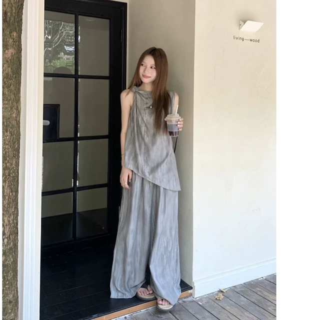 大码女装微胖女生穿搭夏季不规则无袖上衣显瘦阔腿拖地长裤两件套