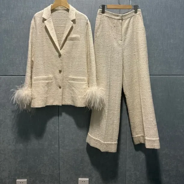 时尚百搭收腰显瘦名媛风粗花呢羽毛袖口气质西装外套