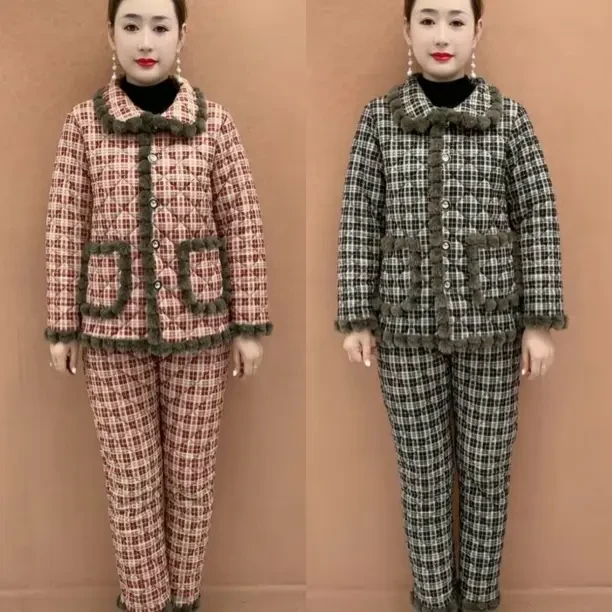 中老年妈妈冬季加绒加厚格子棉衣棉裤套装宽松休闲保暖洋气棉袄