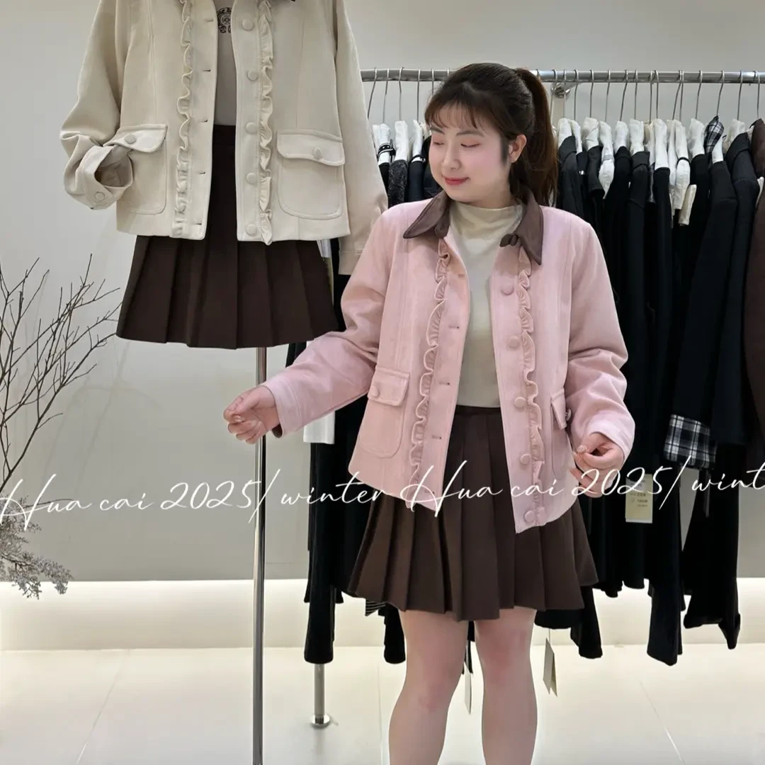 夹棉鹿皮绒套装学院法式女宽松型短外套短款学院风套装