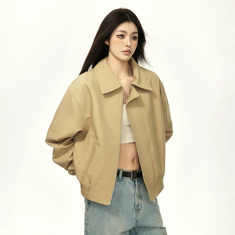 Aaisup美式复古飞行员翻领夹克女春秋2025新款高级感卡其色外套潮